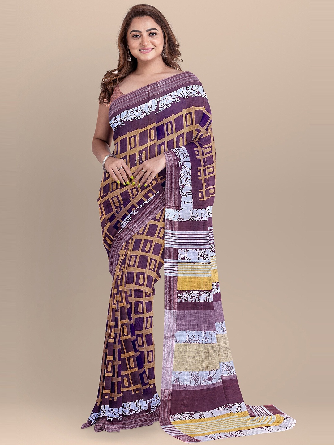 

The Chennai Silks Maroon & Blue Zari Linen Blend Fusion Saree