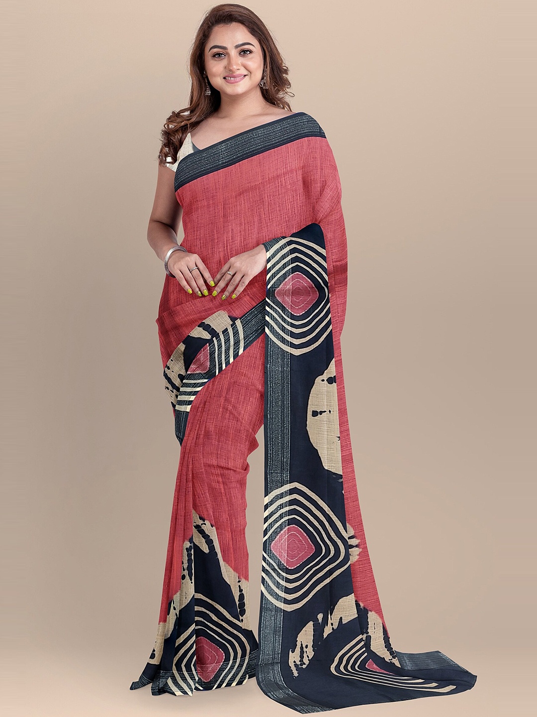 

The Chennai Silks Pink & Blue Zari Linen Blend Saree