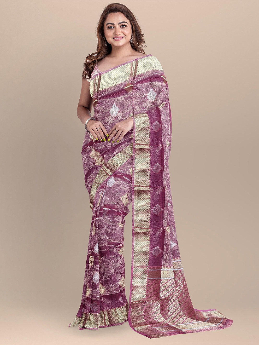 

The Chennai Silks Magenta & Gold Woven Design Zari Tissue Saree