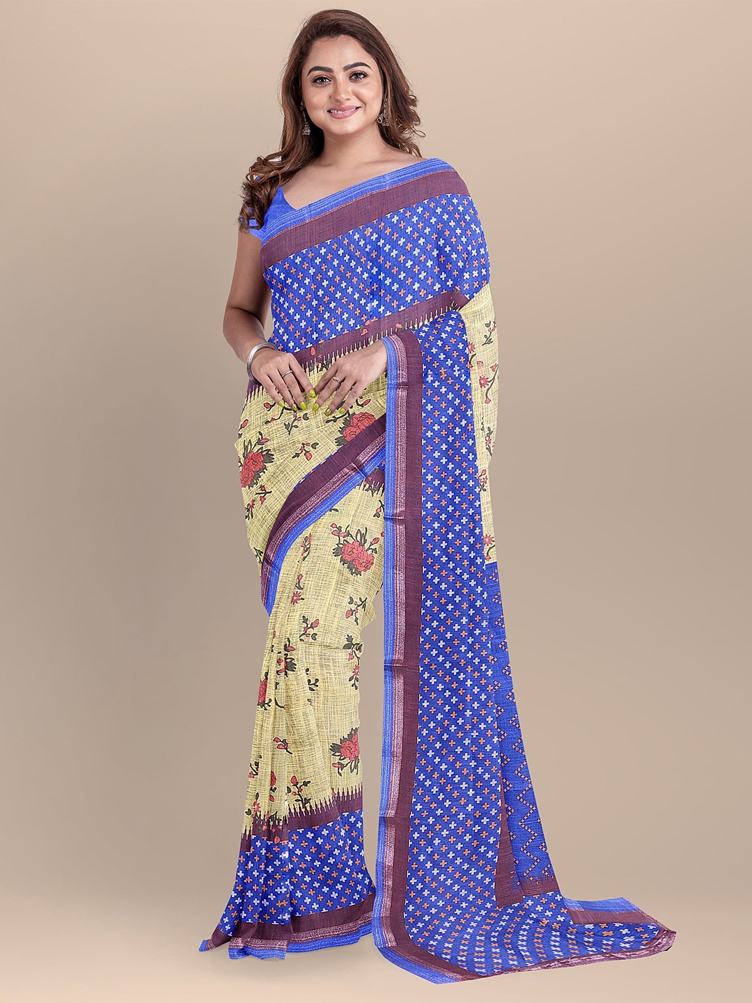 

The Chennai Silks Mustard & Purple Floral Zari Linen Blend Fusion Saree
