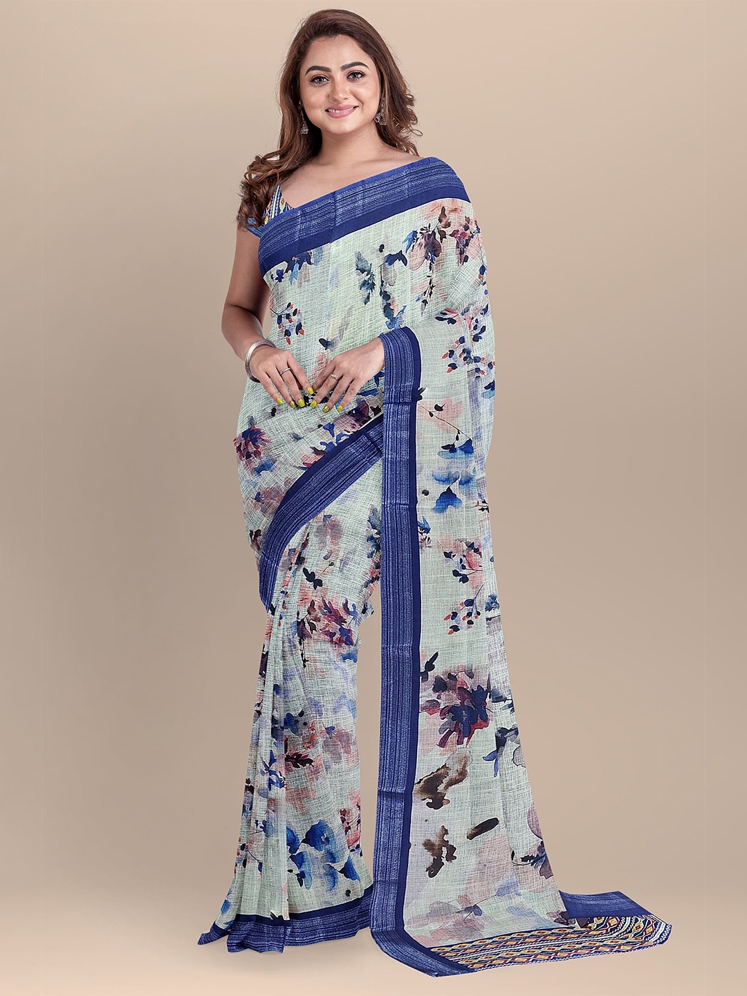 

The Chennai Silks Green & Blue Floral Zari Linen Blend Fusion Saree