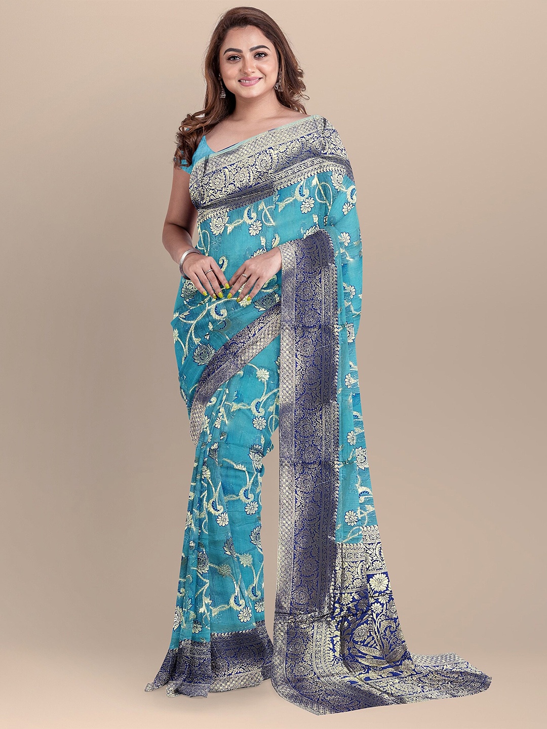 

The Chennai Silks Blue & Navy Blue Floral Zari Fusion Chanderi Saree