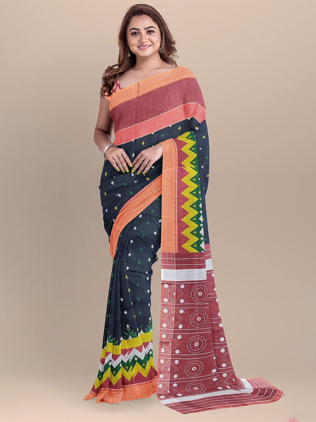 

The Chennai Silks Women Blue & White Zari Linen Blend Saree