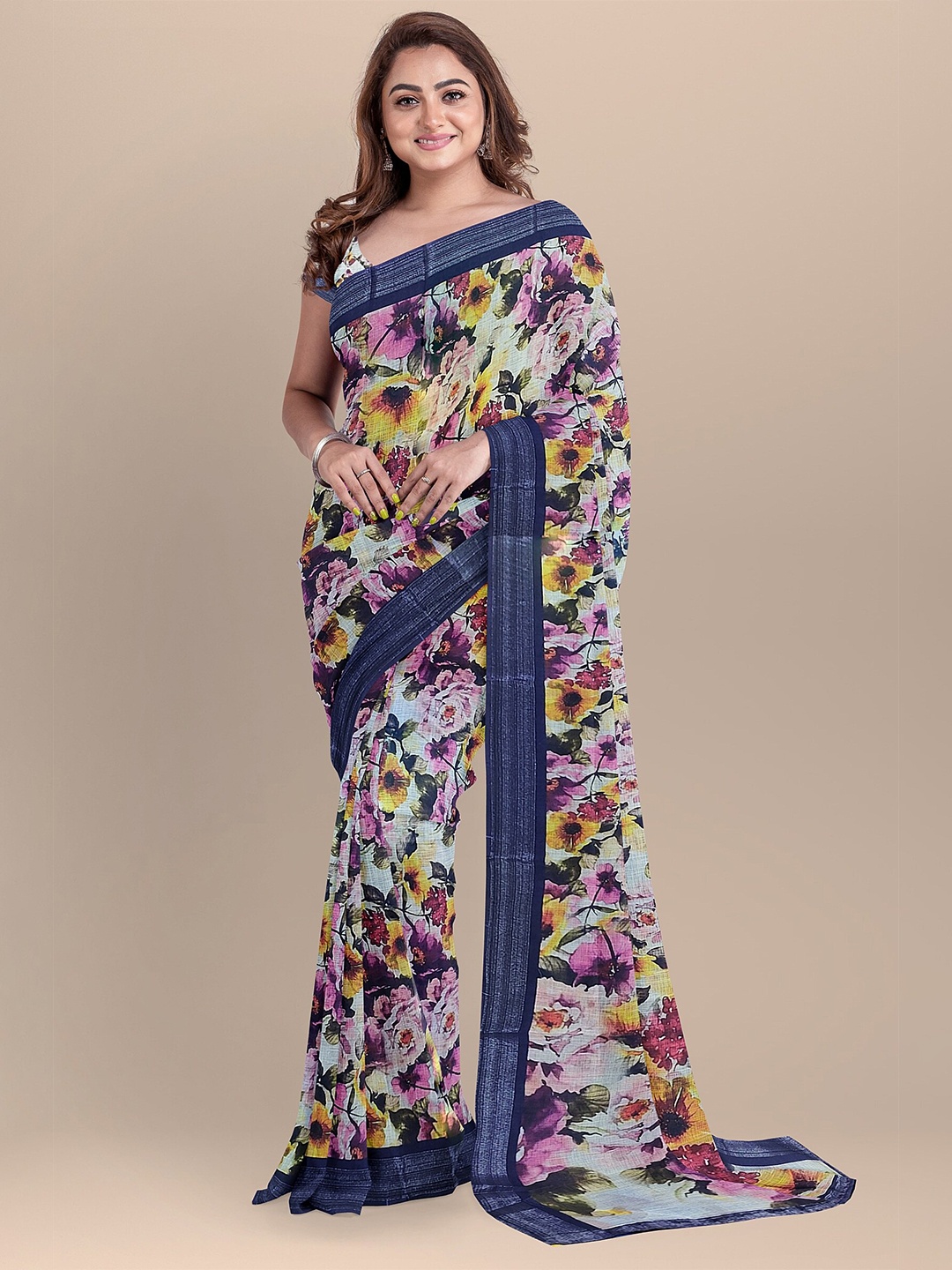 

The Chennai Silks Beige & Purple Floral Linen Blend Saree
