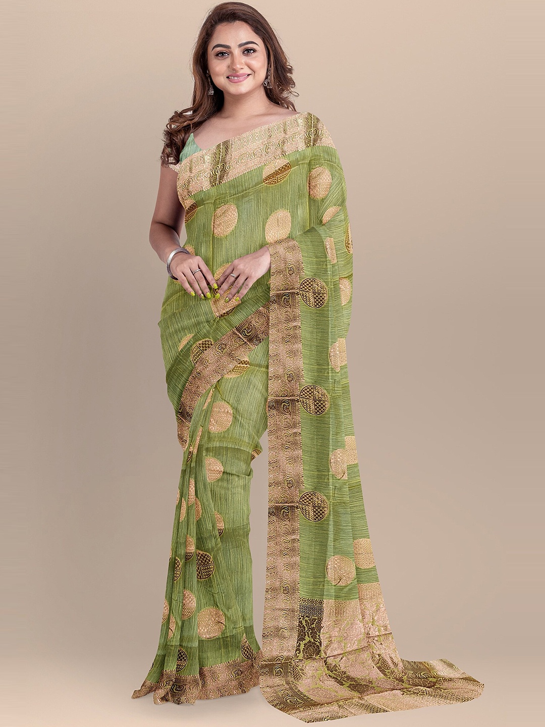 

The Chennai Silks Mustard & Green Ethnic Motifs Zari Fusion Chanderi Saree