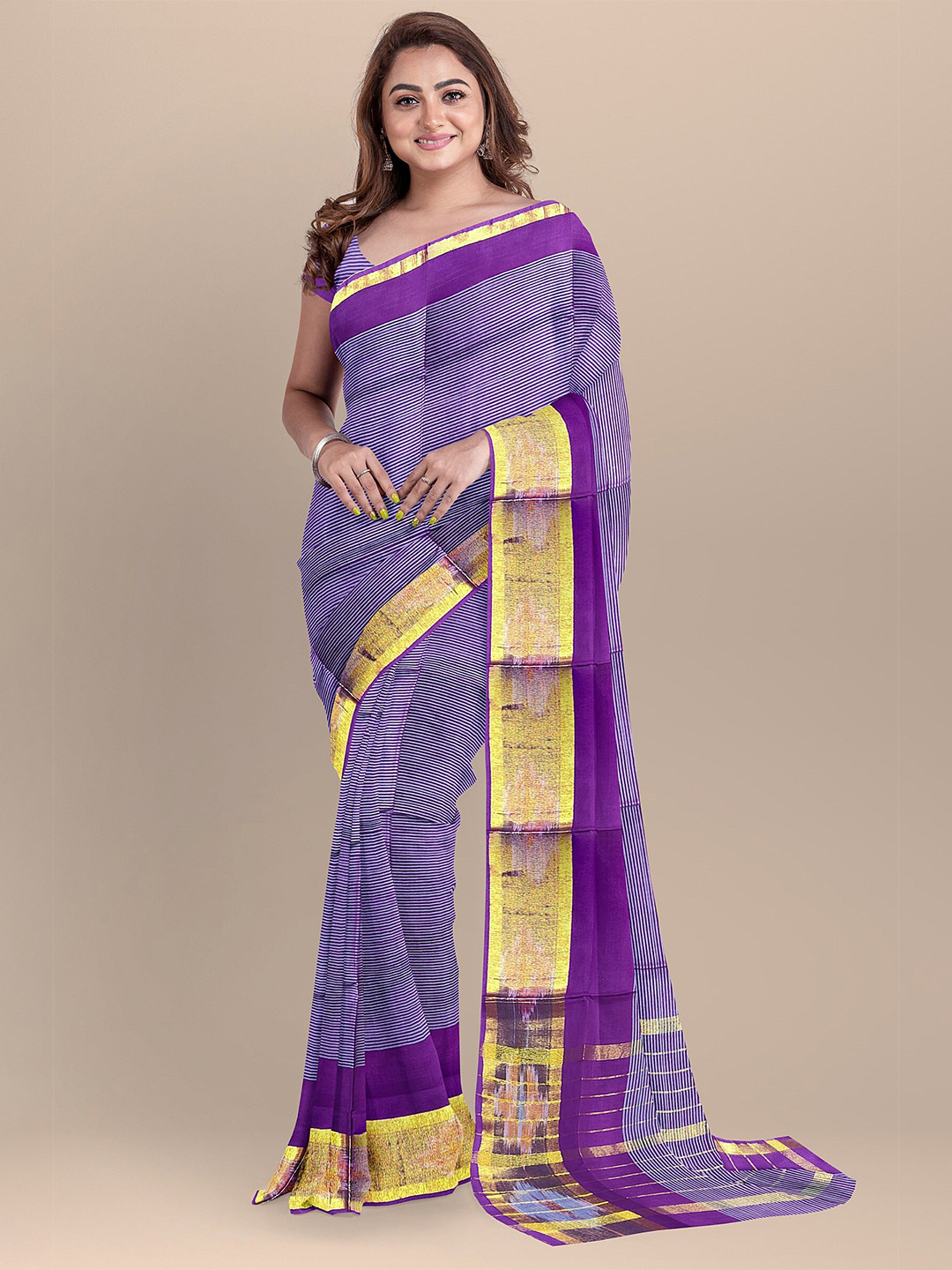

The Chennai Silks Purple & Gold-Toned Striped Zari Pure Cotton Fusion Venkatgiri Saree