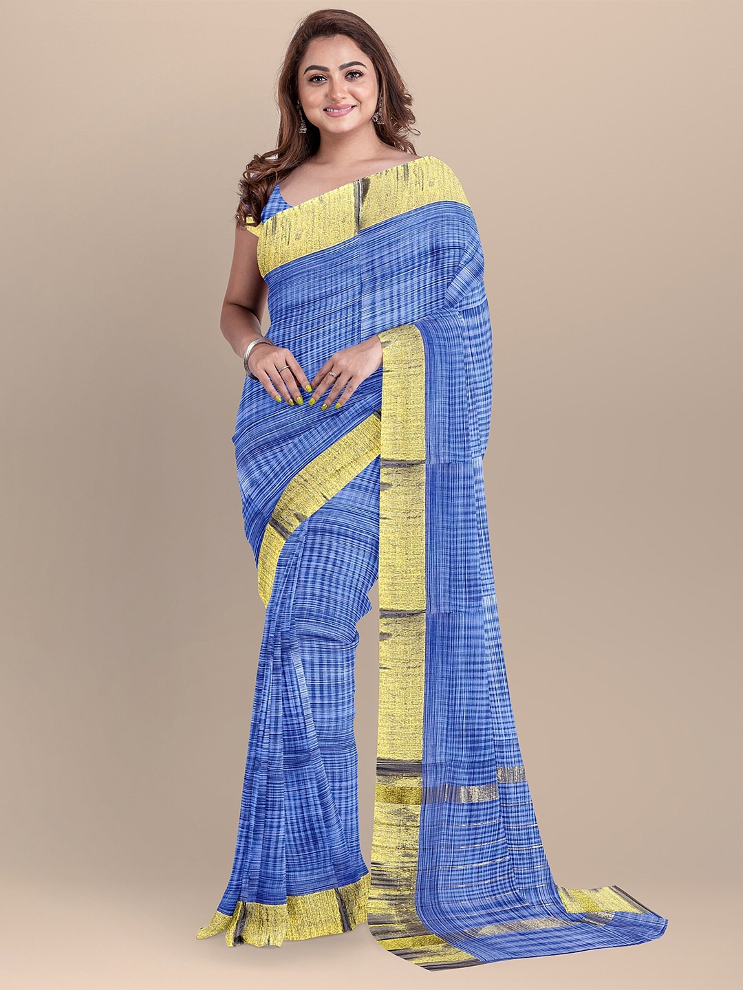 

The Chennai Silks Blue & Gold-Toned Woven Design Zari Pure Cotton Venkatgiri Saree