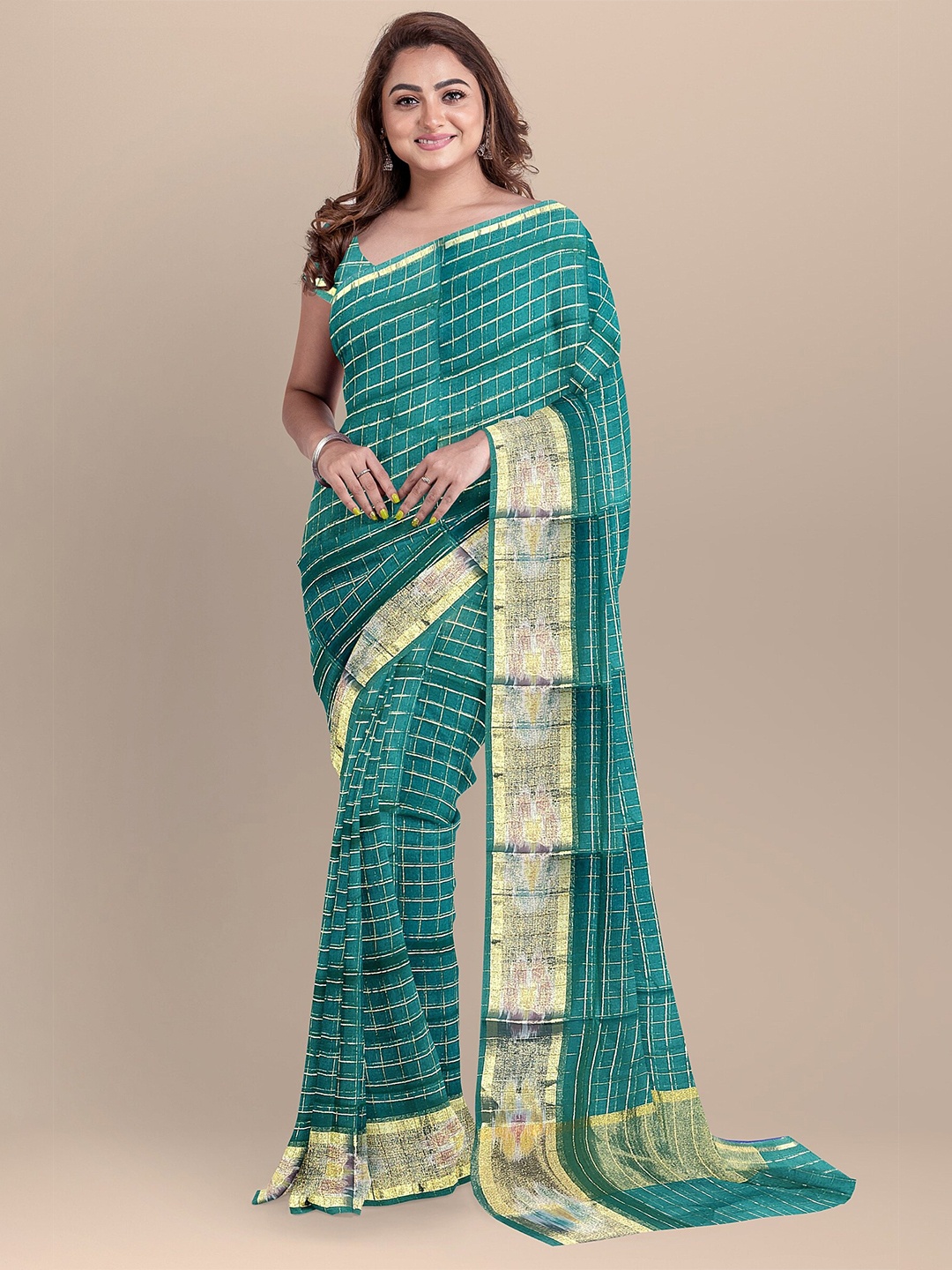 

The Chennai Silks Green & Gold-Toned Checked Zari Pure Cotton Fusion Venkatgiri Saree