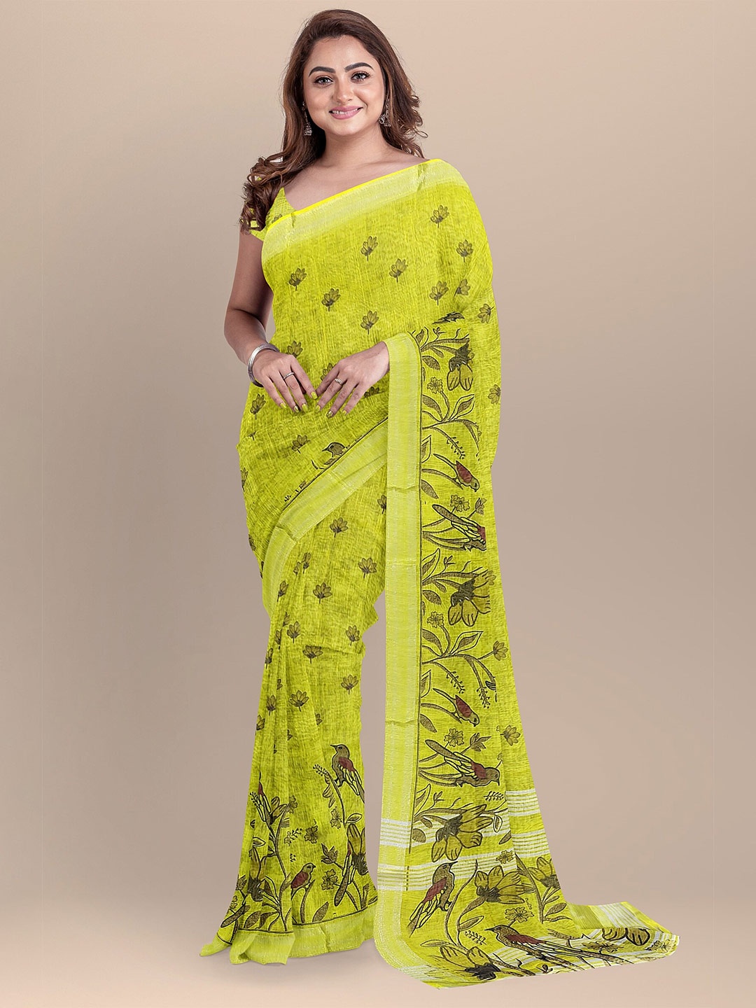

The Chennai Silks Mustard & Brown Floral Zari Linen Blend Fusion Saree