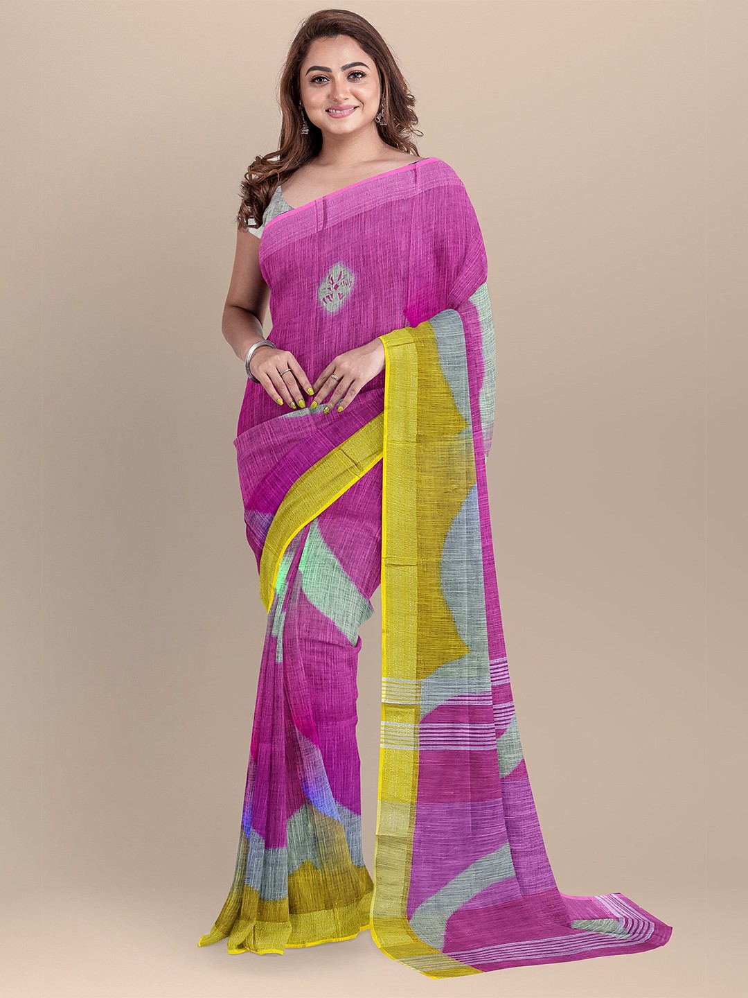 

The Chennai Silks Pink & Yellow Bandhani Zari Linen Blend Fusion Saree