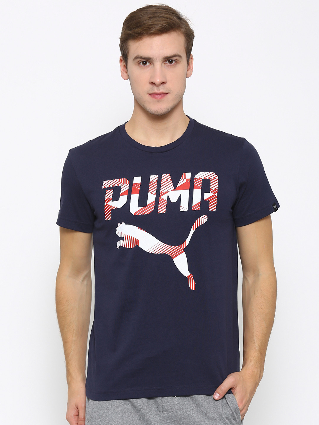 

Puma Navy Printed Slim Fit Pure Cotton T-shirt, Navy blue