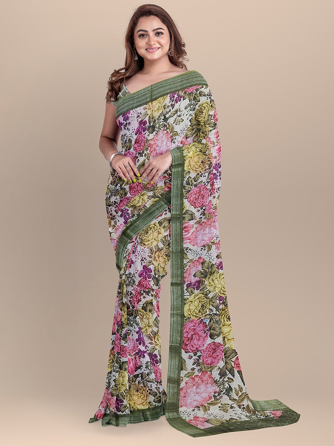 

The Chennai Silks Women Peach-Coloured & Green Floral Zari Linen Blend Saree