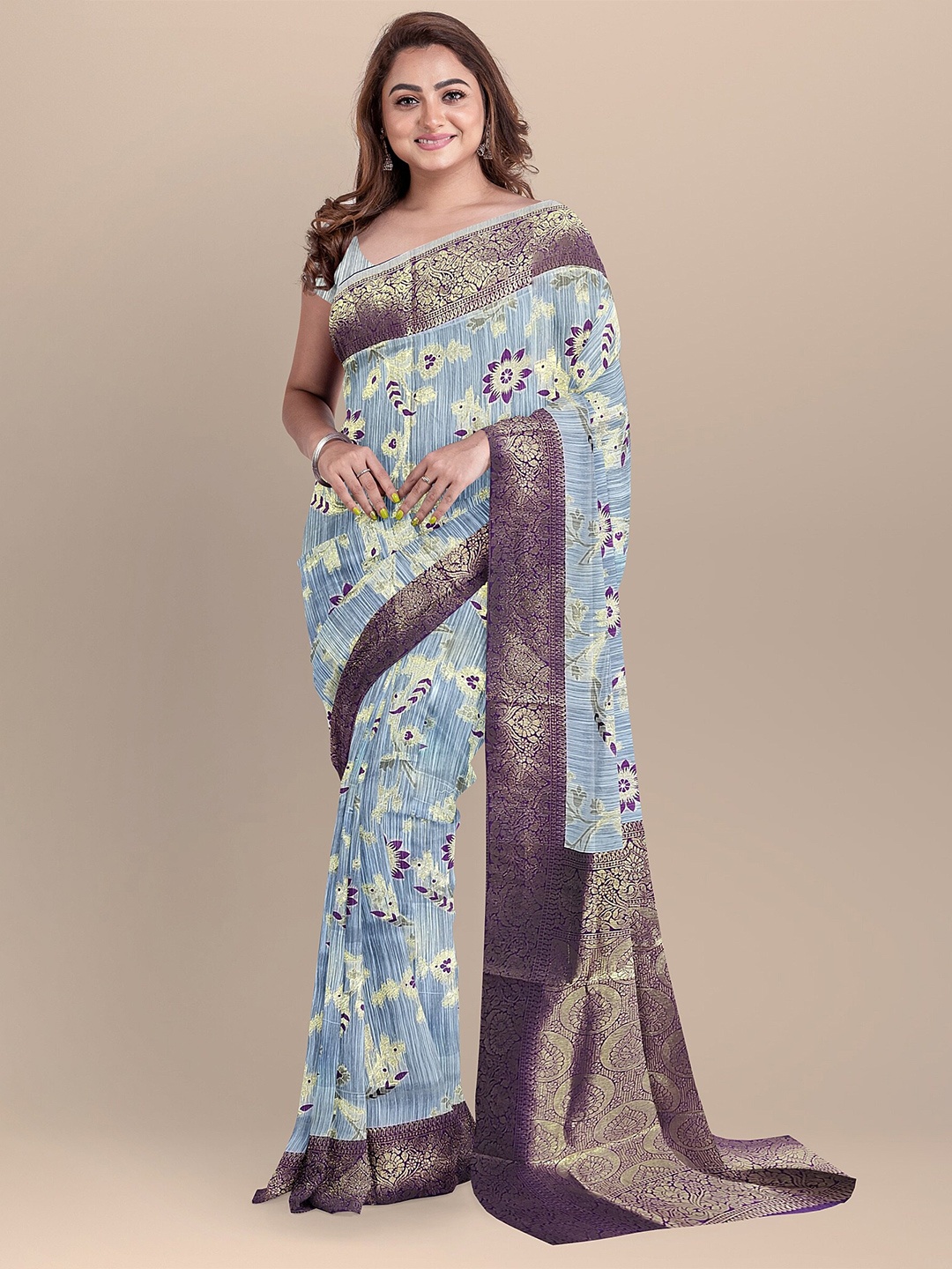 

The Chennai Silks Off White & Purple Floral Zari Fusion Chanderi Saree