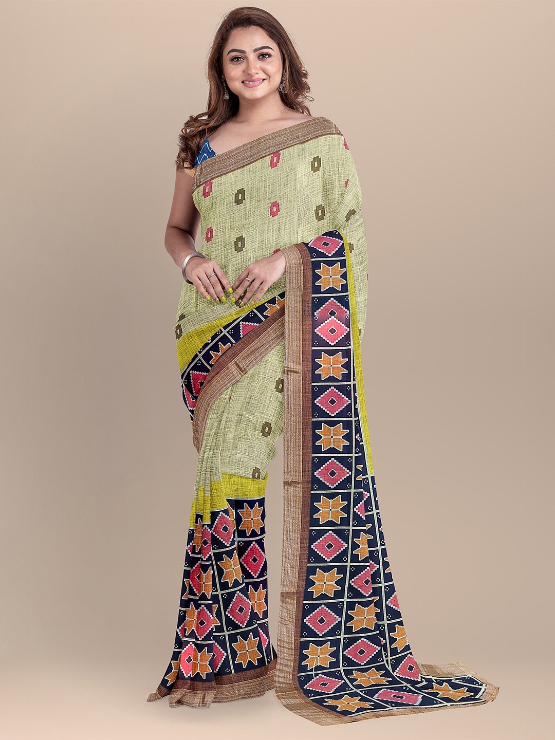 

The Chennai Silks Mustard & Navy Blue Zari Linen Blend Fusion Saree