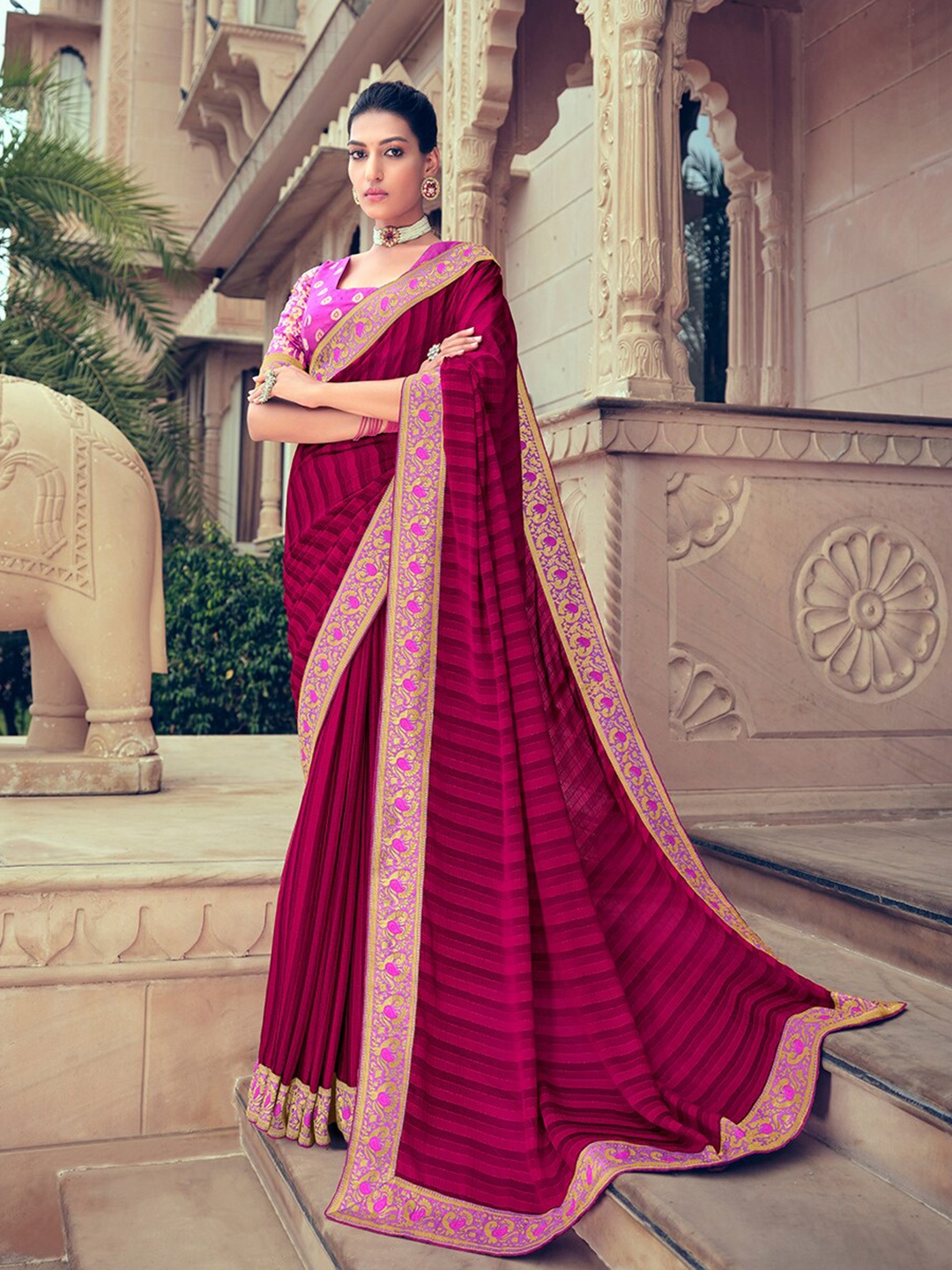 

Shaily Magenta & Pink Striped Zari Pure Chiffon Saree