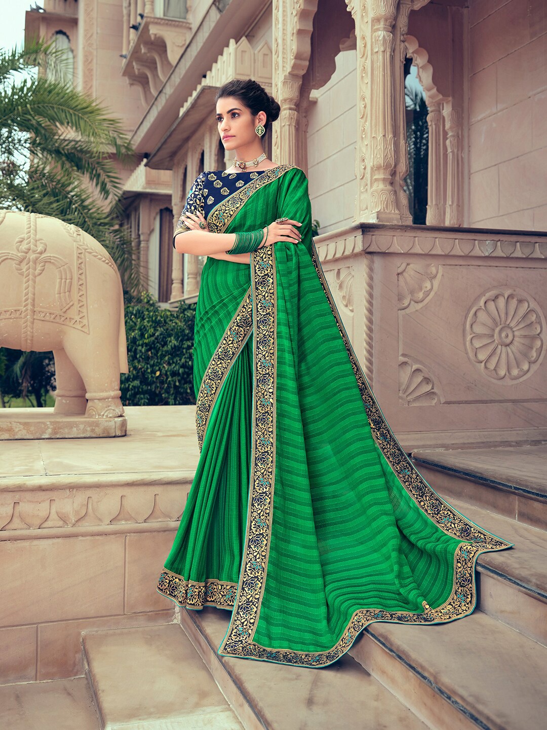

Shaily Sea Green & Navy Blue Striped Pure Chiffon Saree