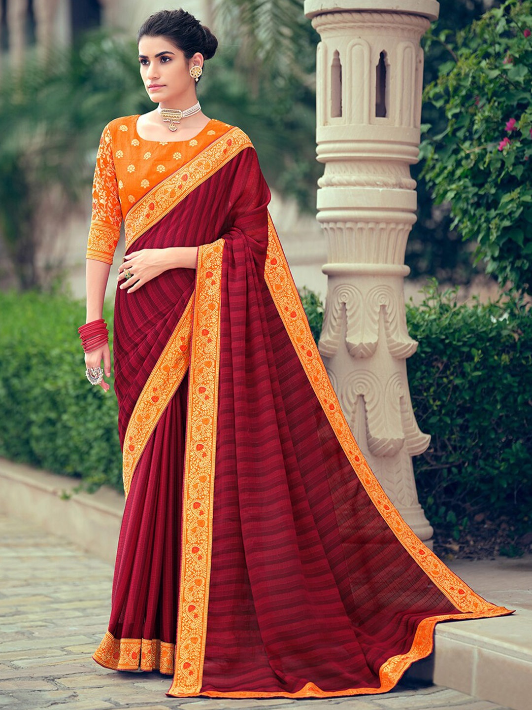 

Shaily Maroon & Mustard Striped Pure Chiffon Saree