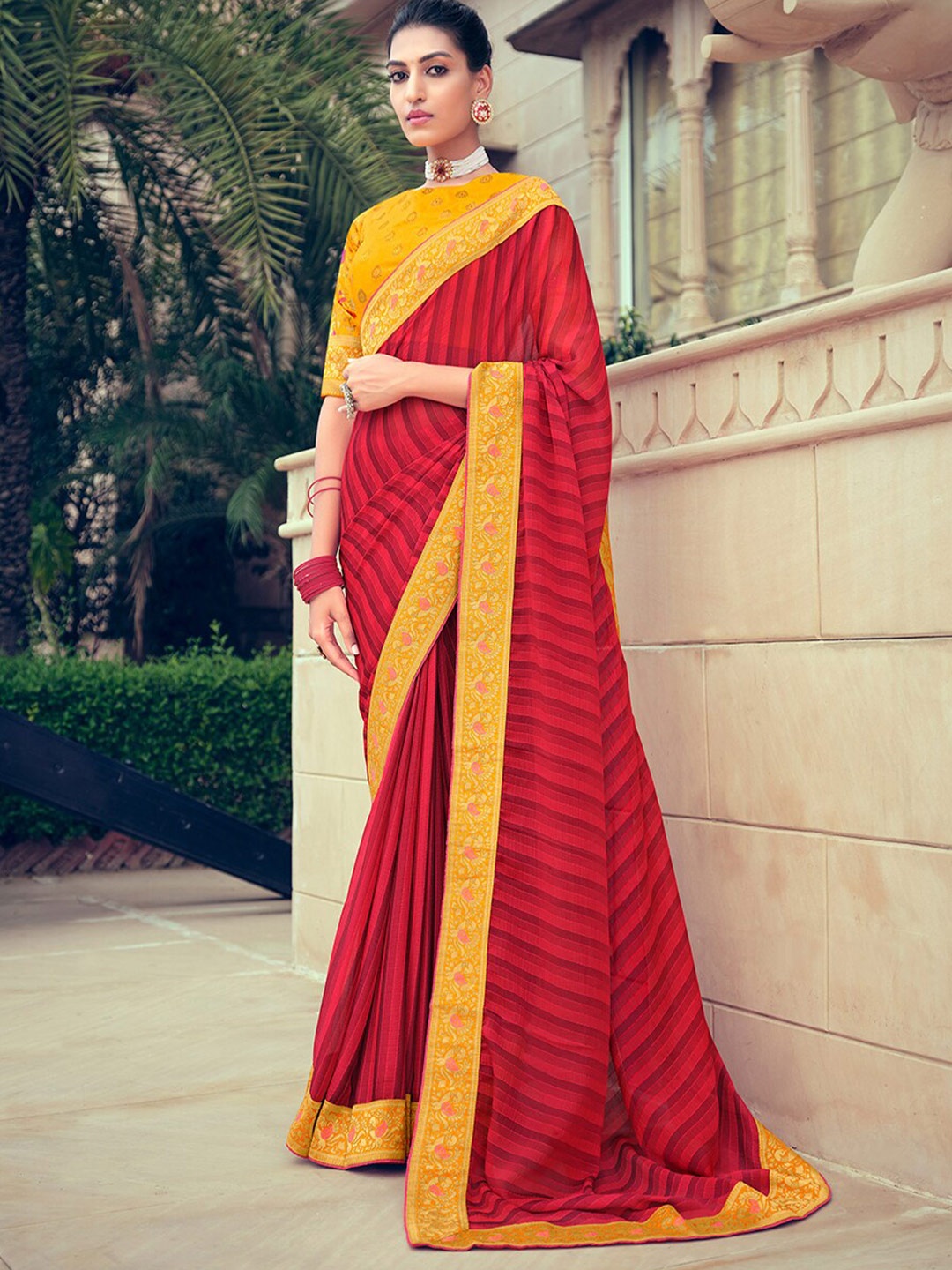 

Shaily Red & Mustard Striped Pure Chiffon Saree
