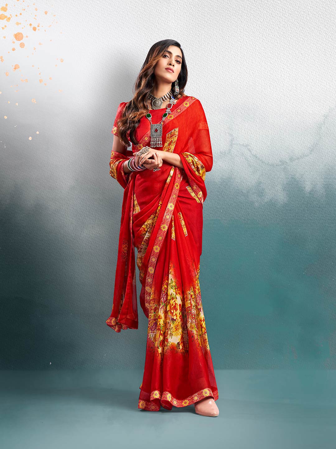 

Shaily Red & Mustard Ethnic Motifs Pure Chiffon Saree