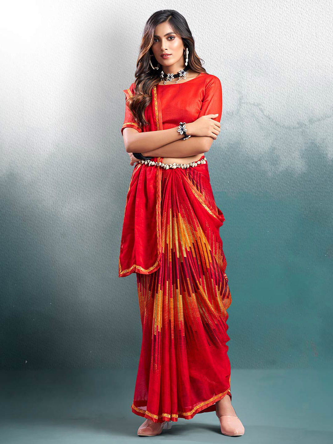 

Shaily Red And Brown Abstract Print Pure Chiffon Saree