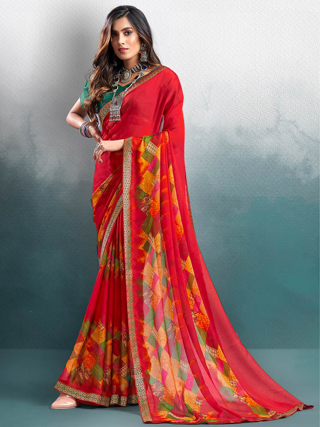 

Shaily Red & Green Pure Chiffon Abstract Print Saree