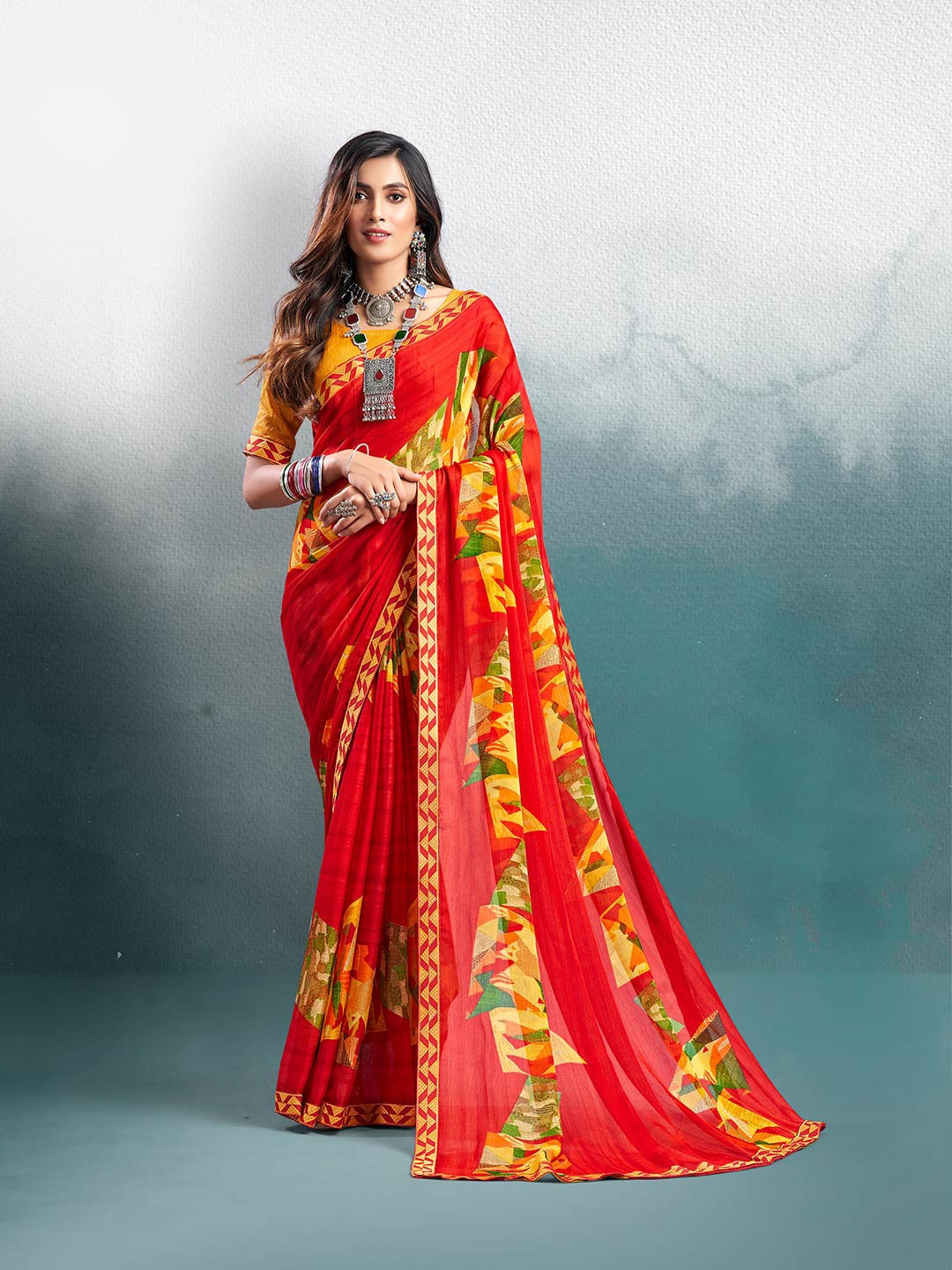 

Shaily Red & Green Pure Chiffon Saree