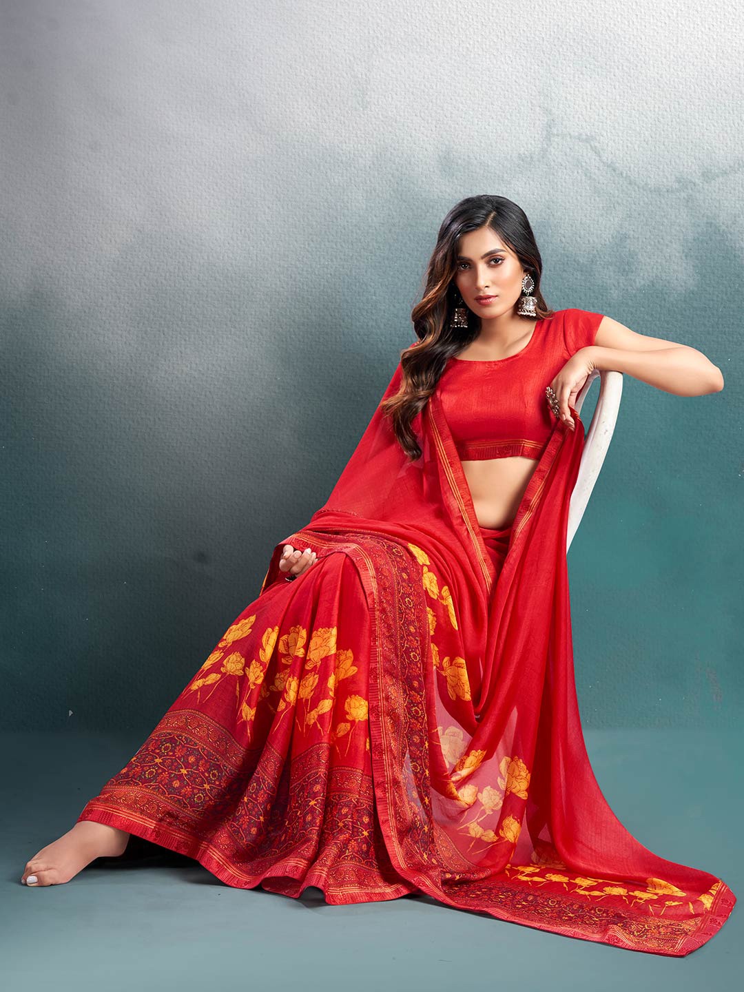 

Shaily Red & Mustard Floral Printed Pure Chiffon Saree
