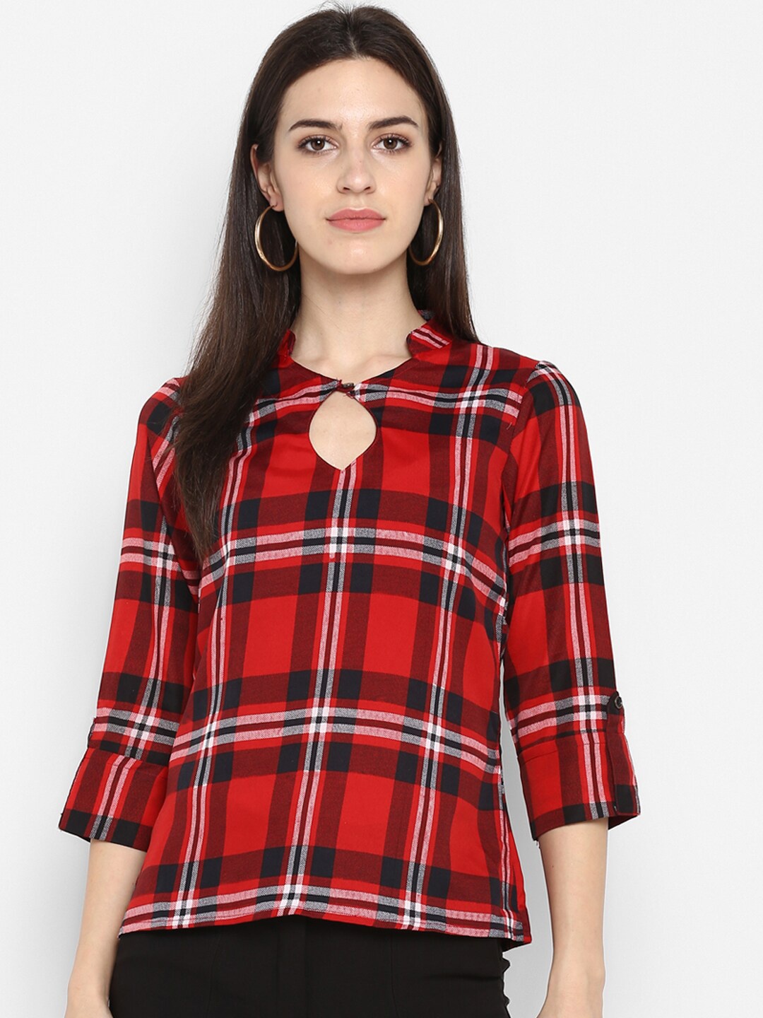 

Indietoga Women Plus Size Red & Black Checked Keyhole Neck Roll-Up Sleeves Crepe Top