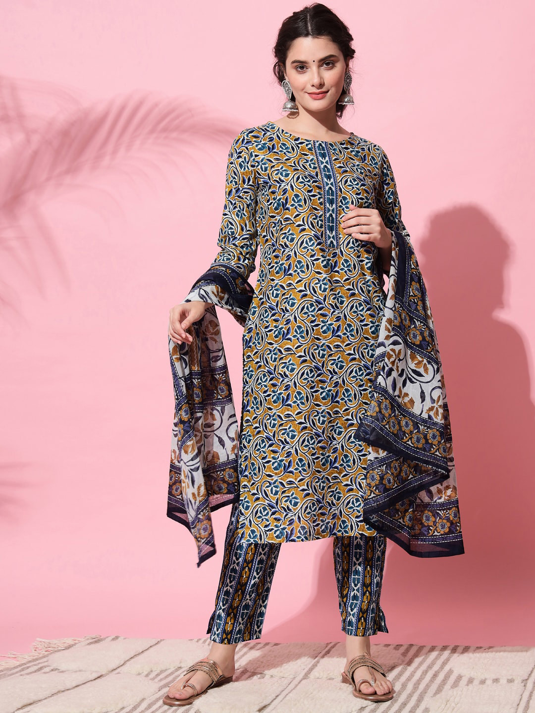 

Sitaram Designer Women Yellow Floral Printed High Slit Pure Cotton Kurta with Trousers & With Dupatta