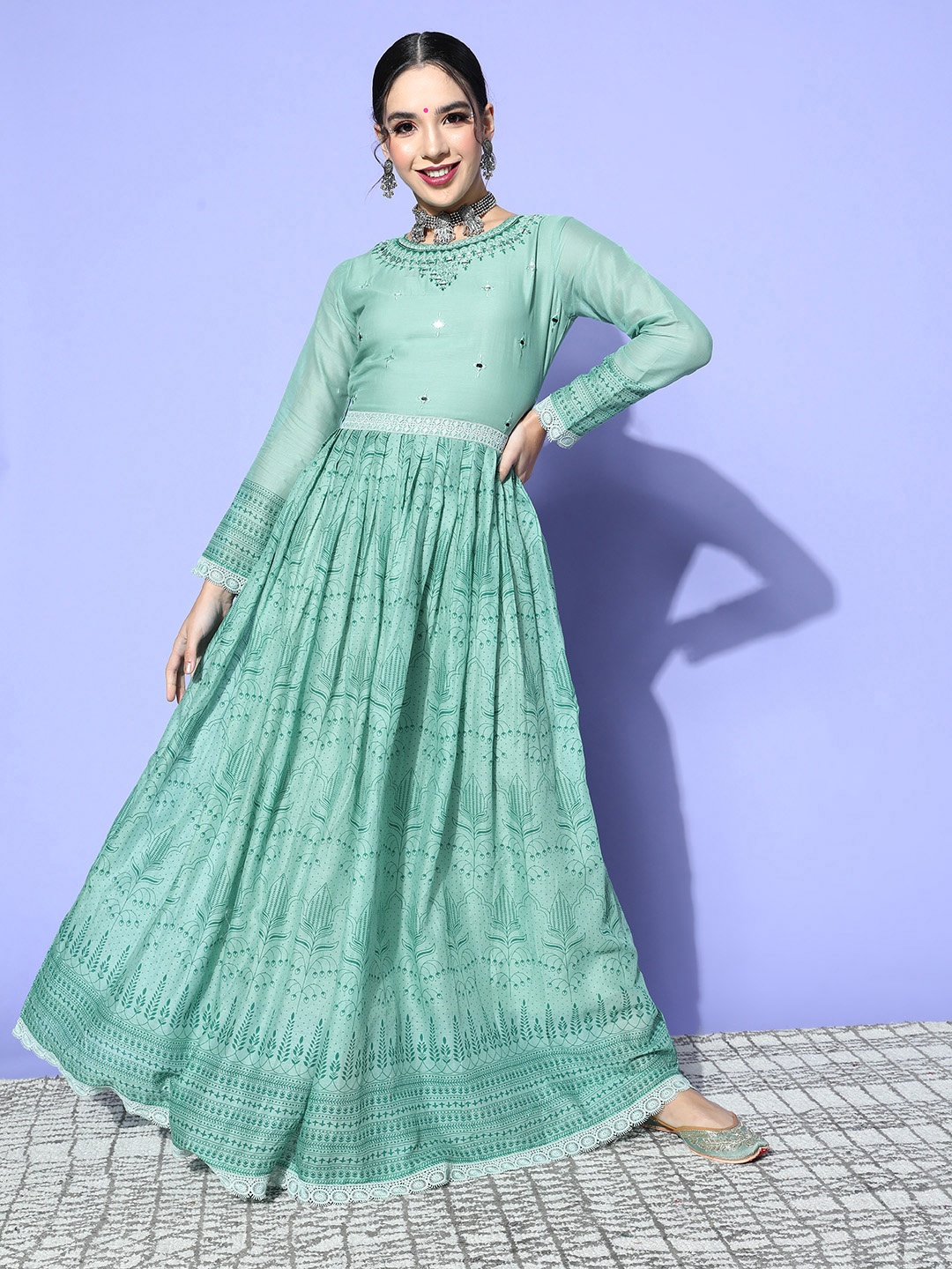 

SheWill Women Alluring Turquoise Blue Ethnic Motifs Volume Control Dress