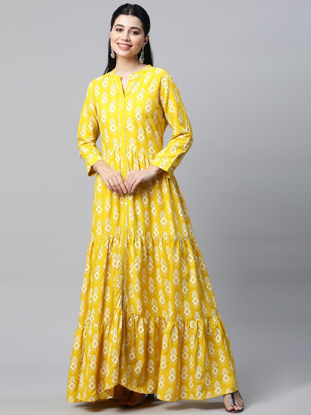 

mokshi Yellow & White Ethnic Motifs Ethnic Print Dress