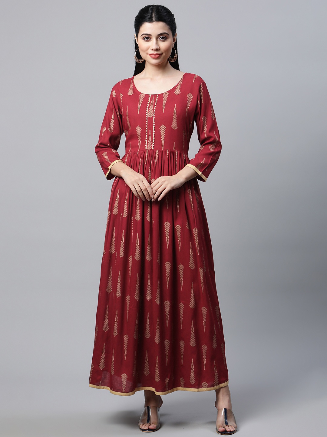 

mokshi Maroon & Golden Ethnic Motifs Ethnic Maxi Dress