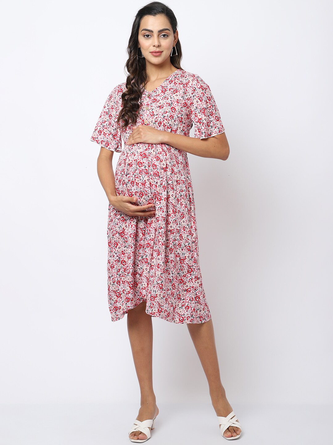 

Frempy Red & White Floral Maternity A-Line Dress