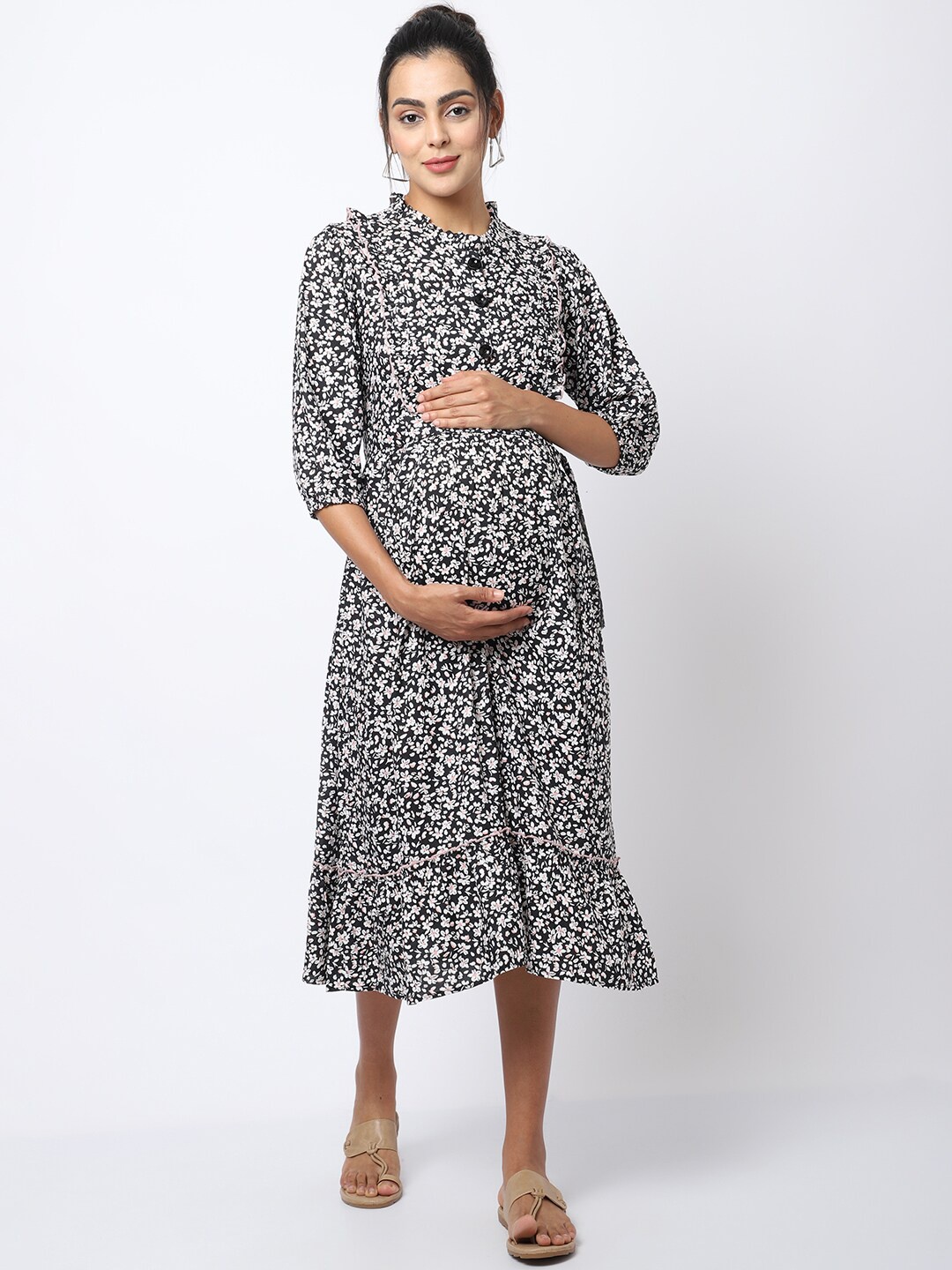 

Frempy Black Floral Maternity Midi Dress