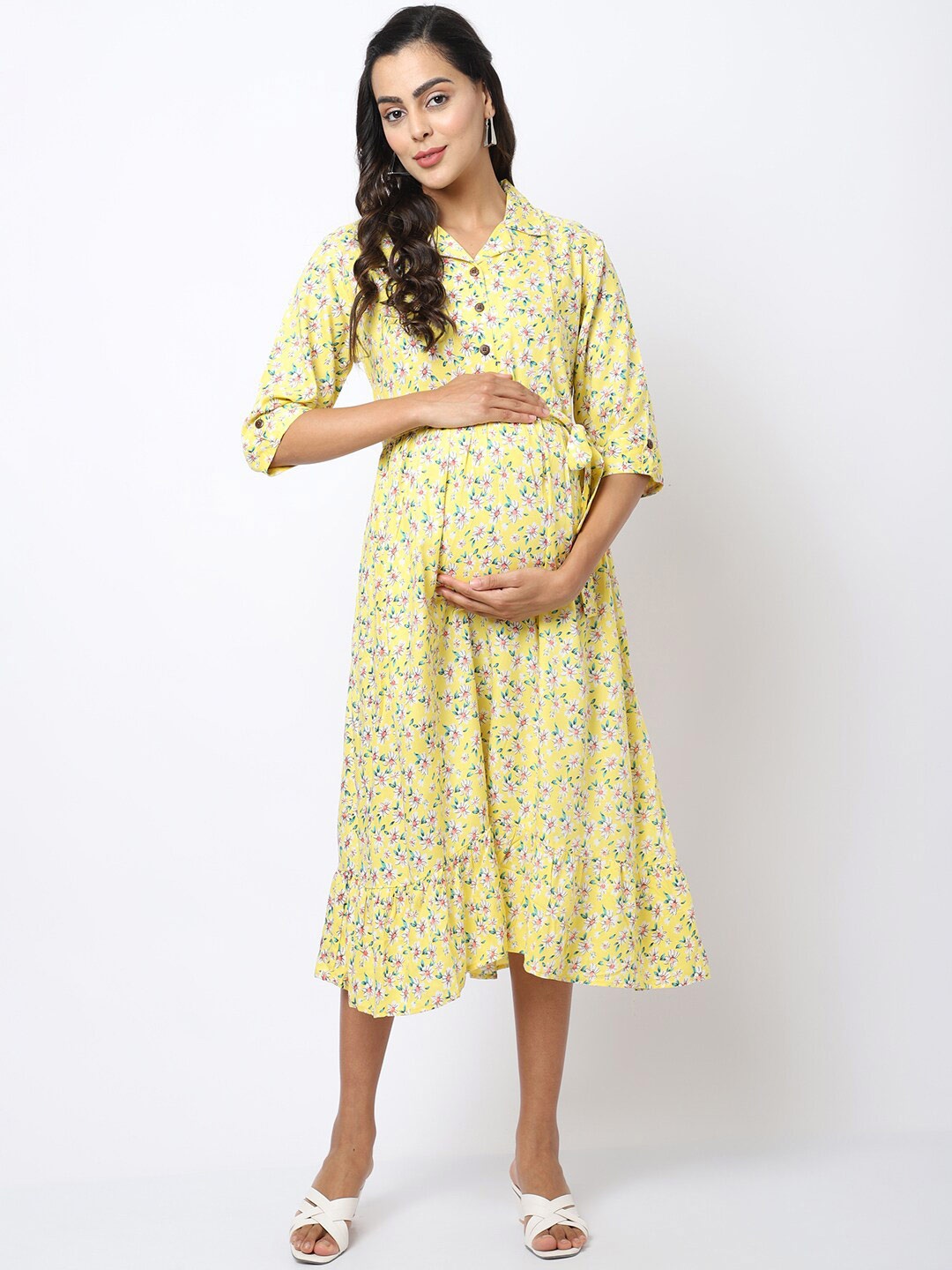 

Frempy Yellow Floral Maternity A-Line Midi Dress