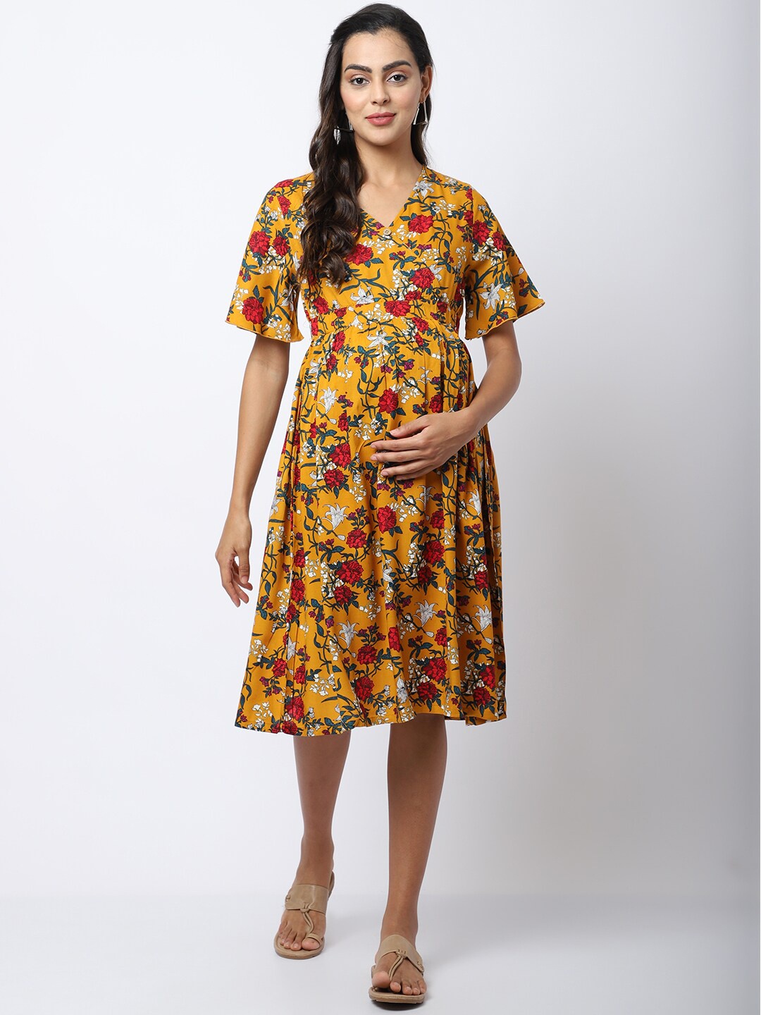 

Frempy Women Mustard Yellow & Red Floral Maternity Dress