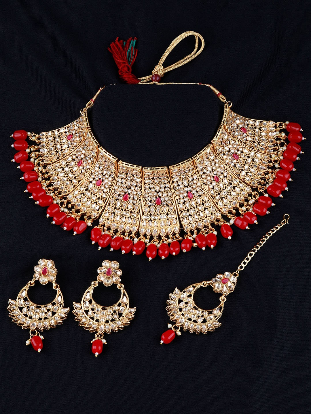 

Silver Shine Gold-Plated Red Kundan Studded Jewellery Set