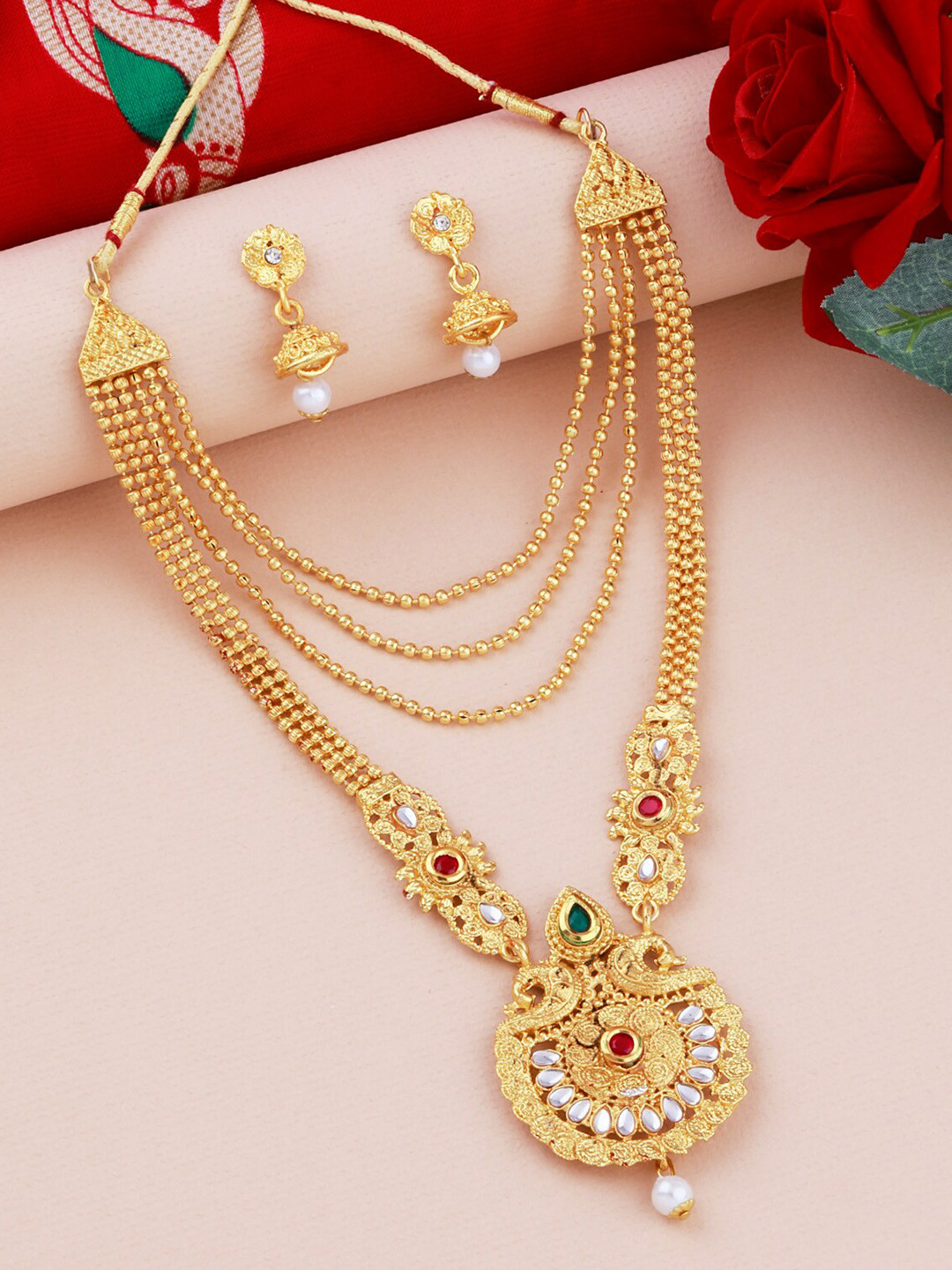 

Silver Shine Gold-Plated Green & Red Long Harm Jewellery Set