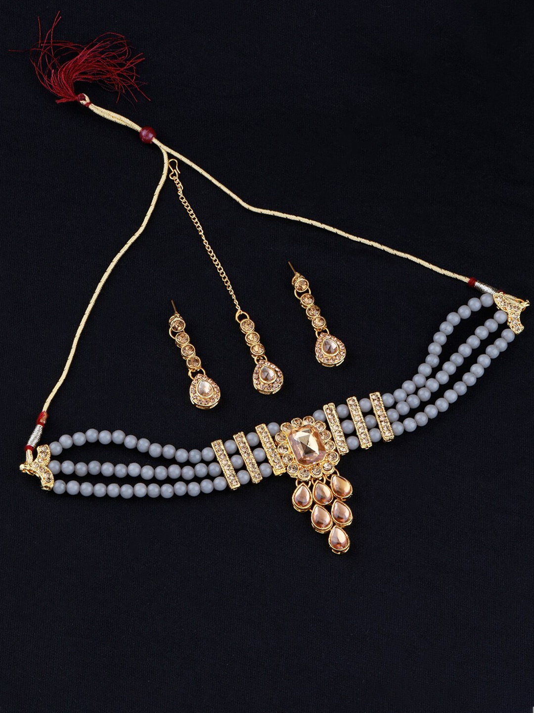 

Silver Shine Grey Pearl & Stone Studded Traditional Jewellery Set