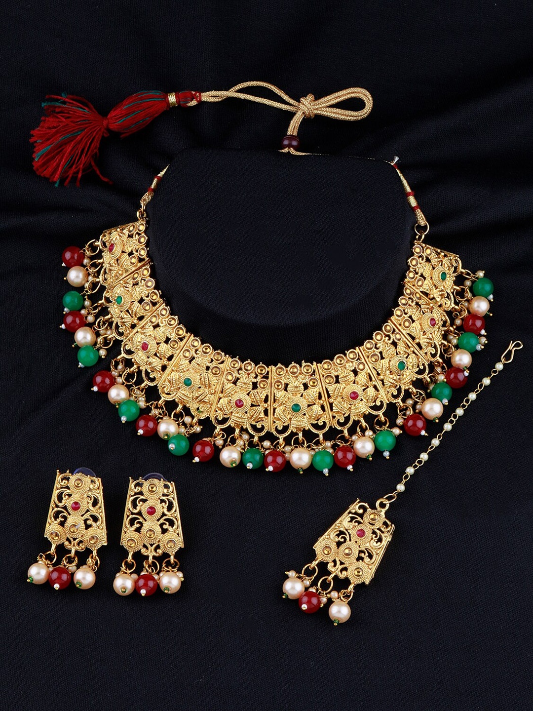 

Silver Shine Gold-Plated Red & Green Stone-Studded & Beaded Jewellery Set