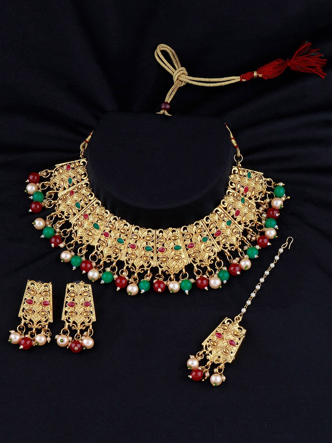 

Silver Shine Gold-Plated Red & Green Stone-Studded & Beaded Jewellery Set
