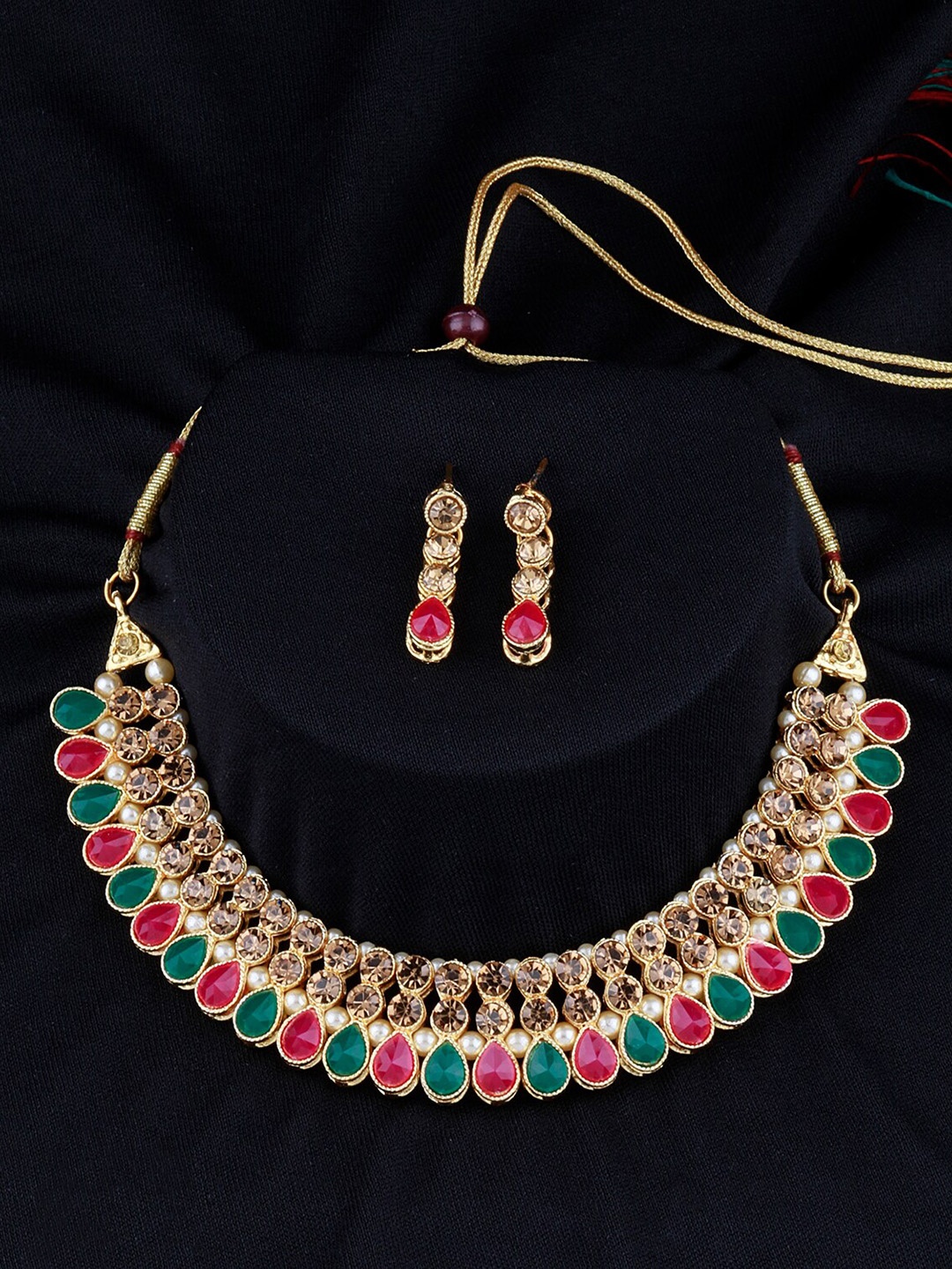 

Silver Shine Gold-Plated Red & Green Stone-Studded Jewellery Set