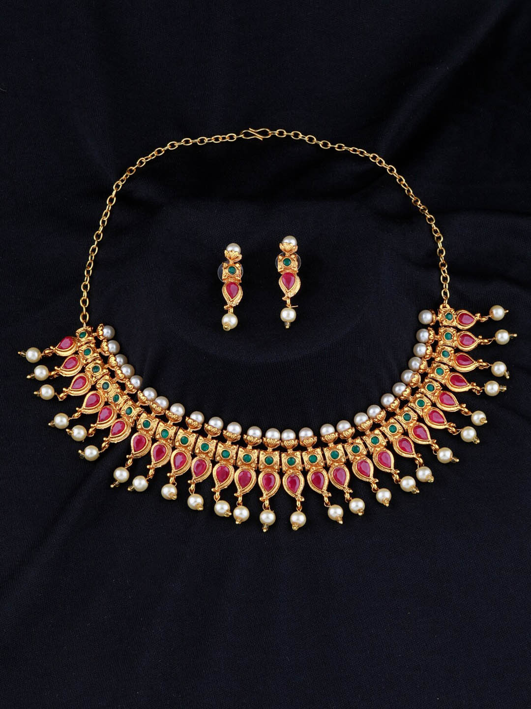 

Silver Shine Multicoloured Stone-Studded & Pearl Beaded Jewellery Set, Multi