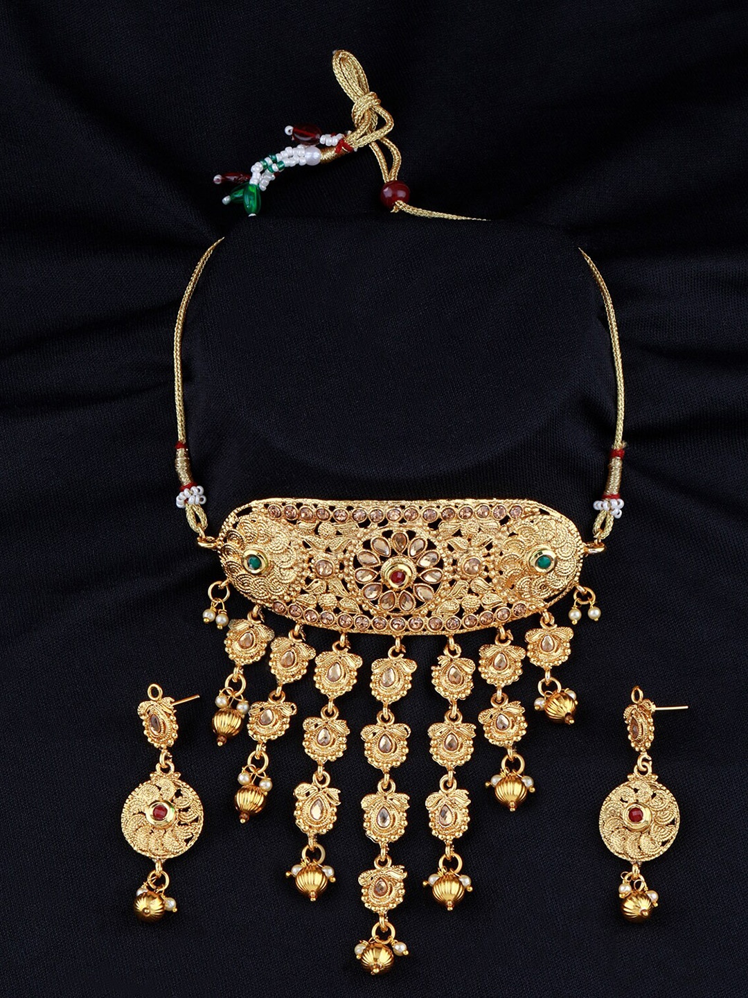 

Silver Shine Gold-Plated White Kundan-Studded & Peal Beaded Jewellery Set