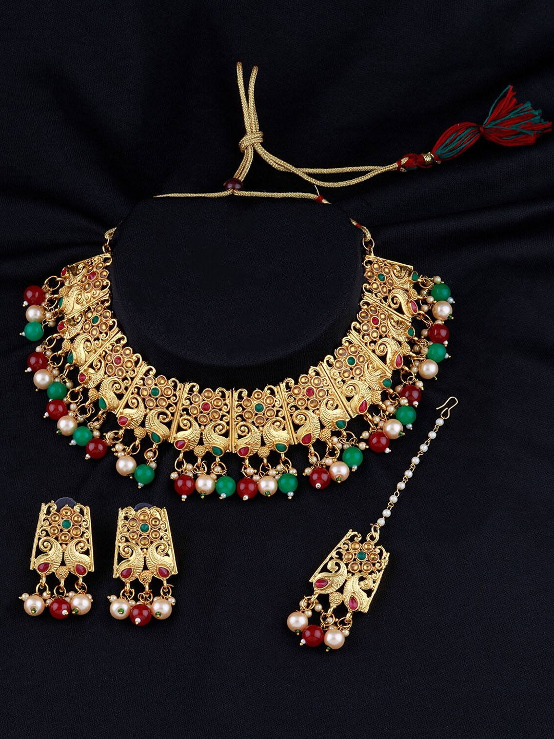 

Silver Shine Gold-Plated Red & Green Stone-Studded Jewellery Set, Multi