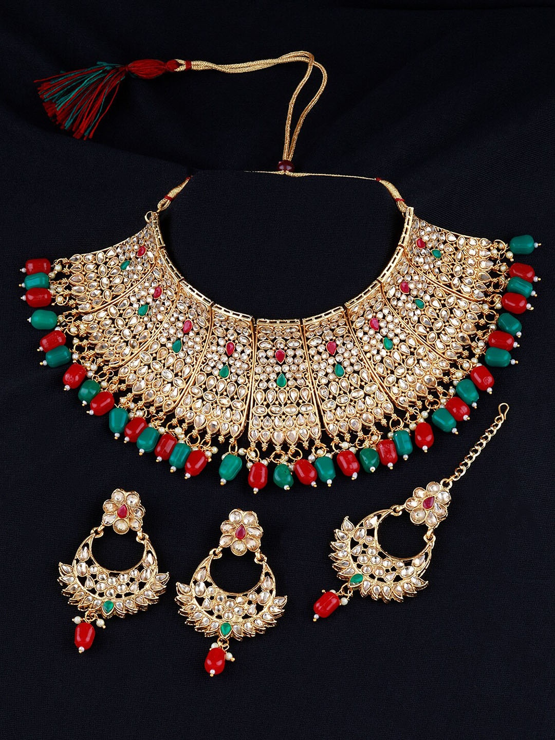 

Silver Shine Gold-Plated Red & White Kundan-Studded & Peal Beaded Jewellery Set