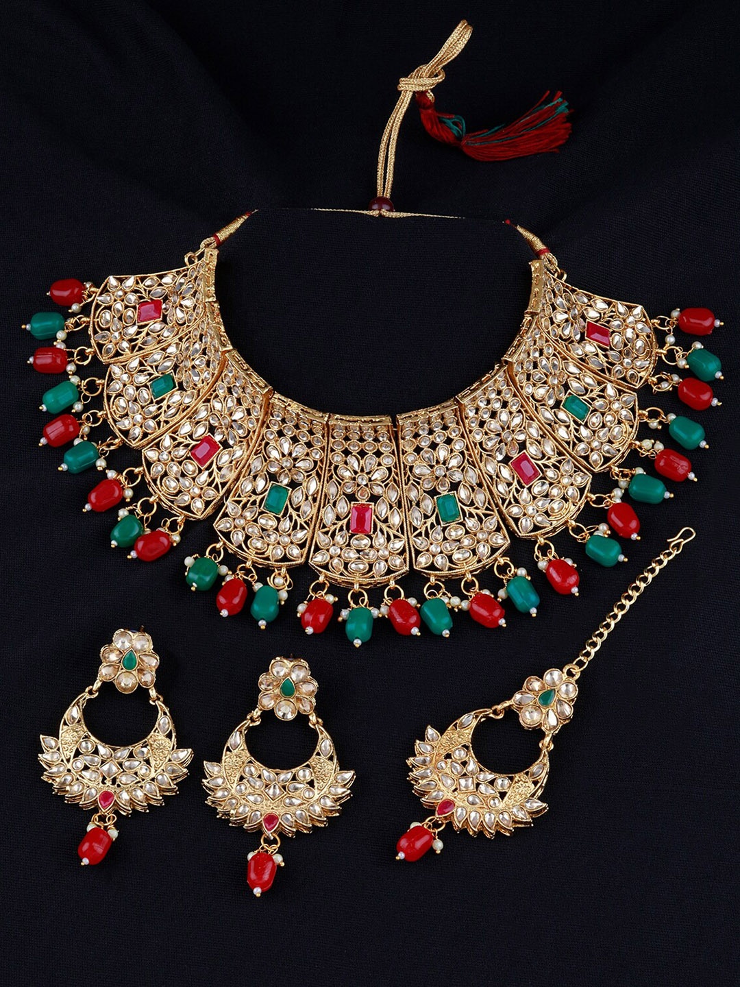 

Silver Shine Gold-Plated Red & Green Kundan Studded Choker Jewellery Set, Multi