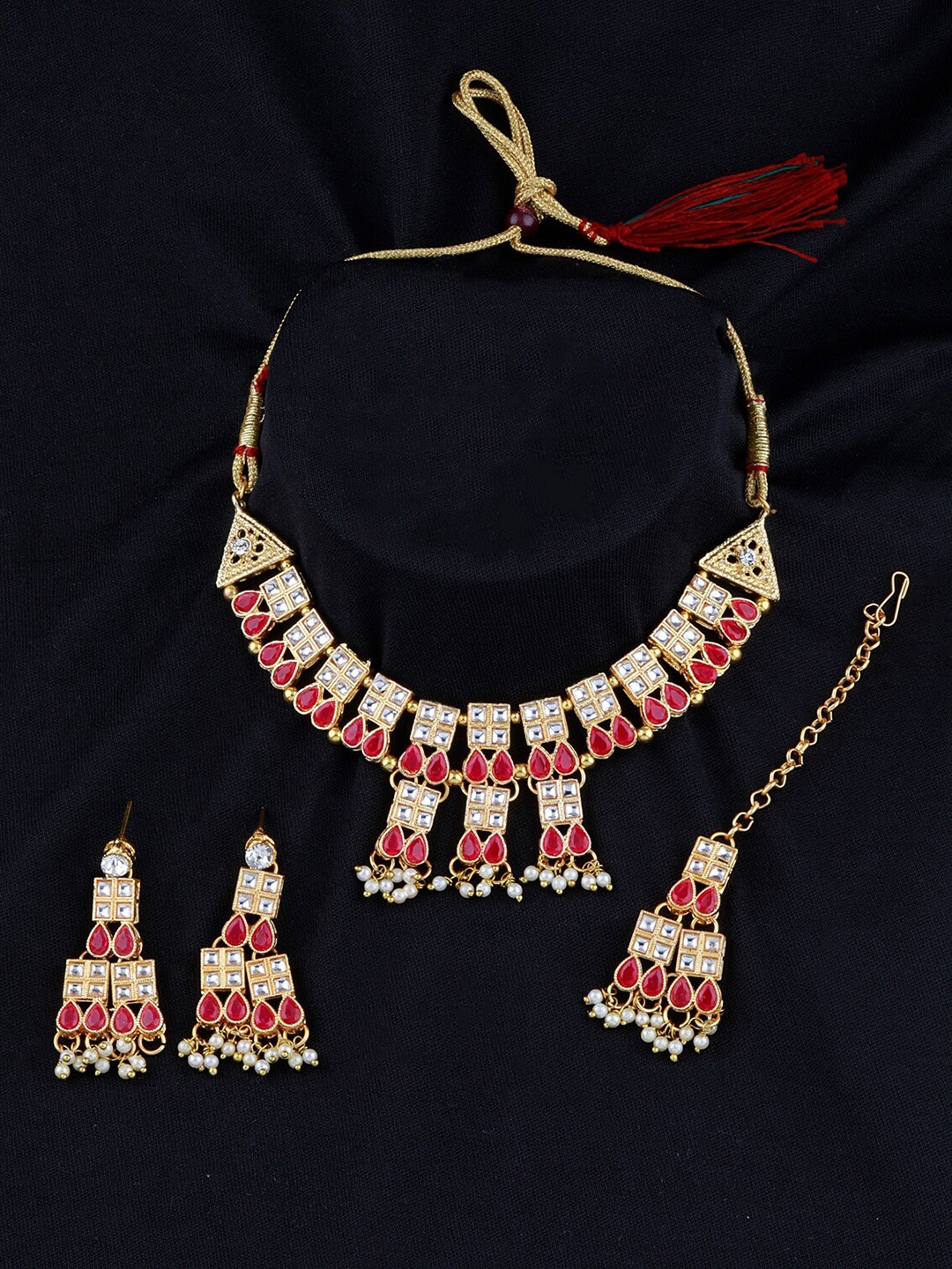 

Silver Shine Gold-Plated Red AD-Studded & Beaded Jewellery Set