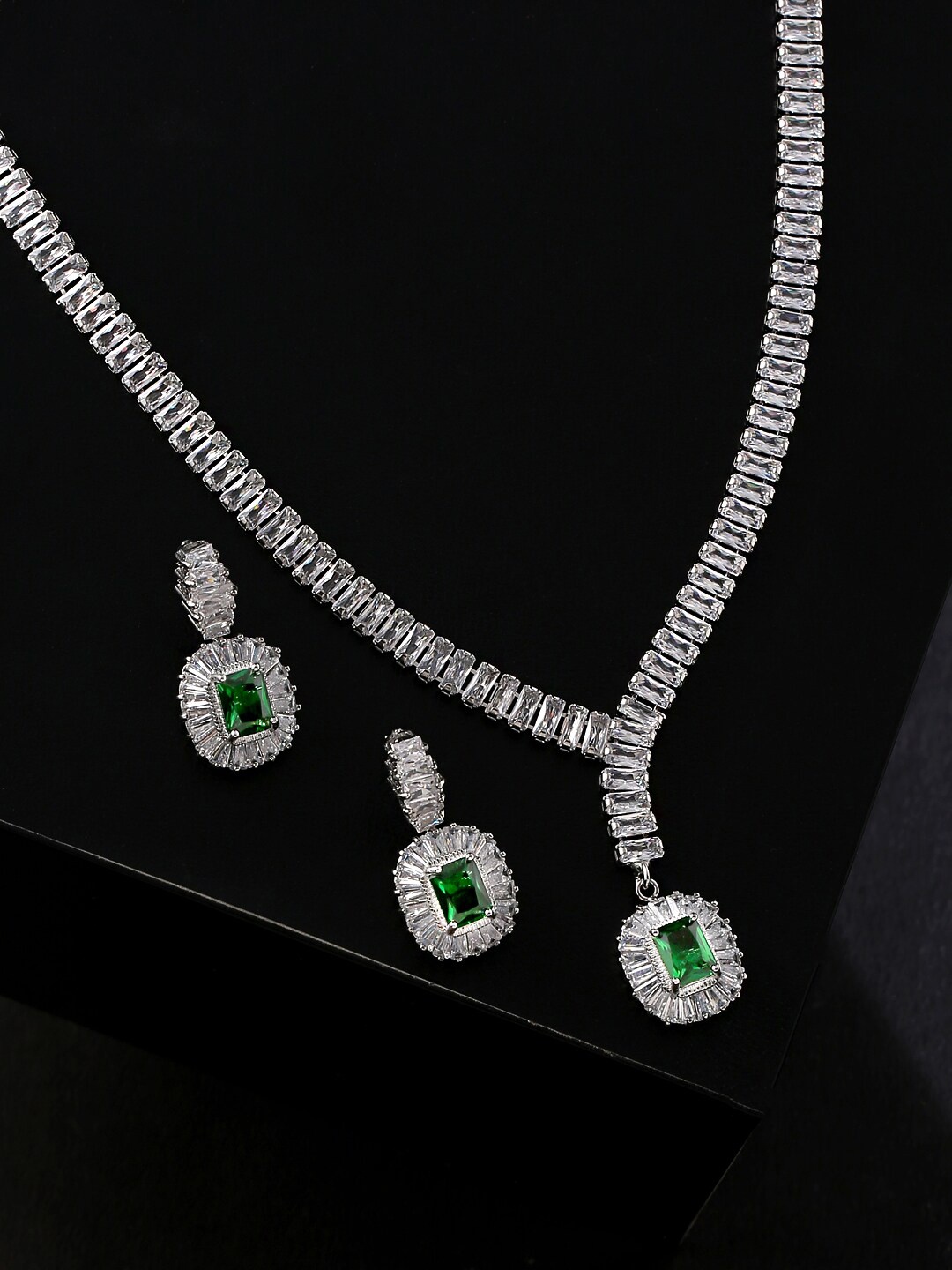 

Yellow Chimes Silver-Plated Green & Cubic Zircon Studded Jewellery Set