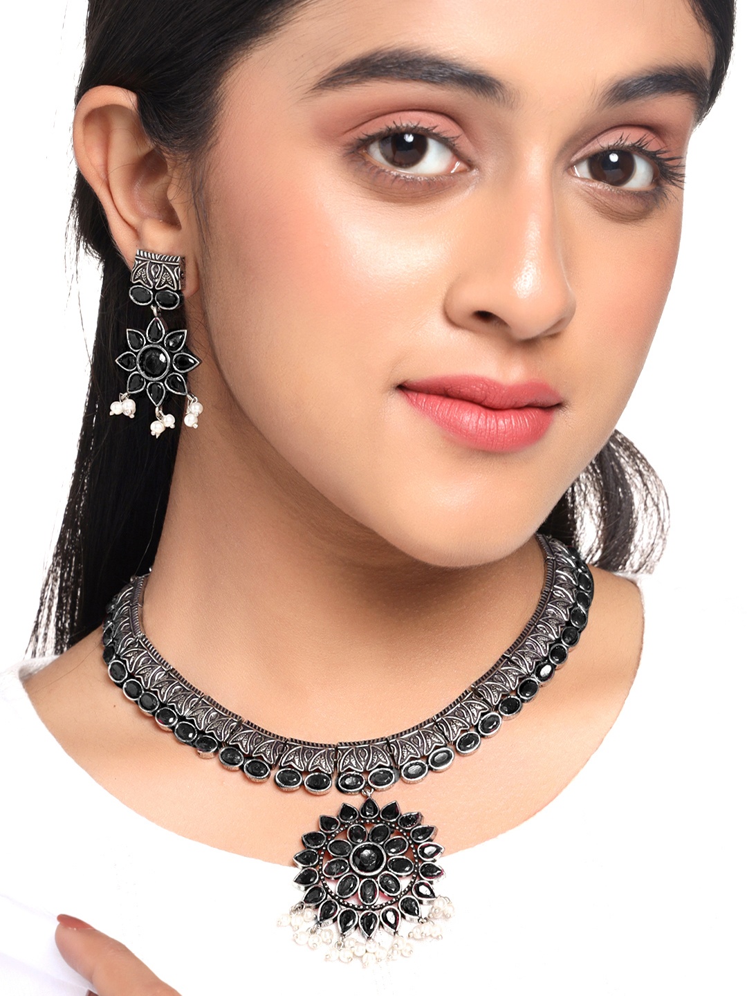 

Yellow Chimes Oxidized Silver-Plated & Black Stone-Studded Kolhapuri Jewellery Set